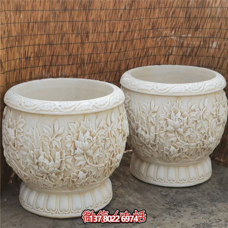 漢白玉浮雕荷花養魚缸，精美庭院裝飾戶外中式花盆