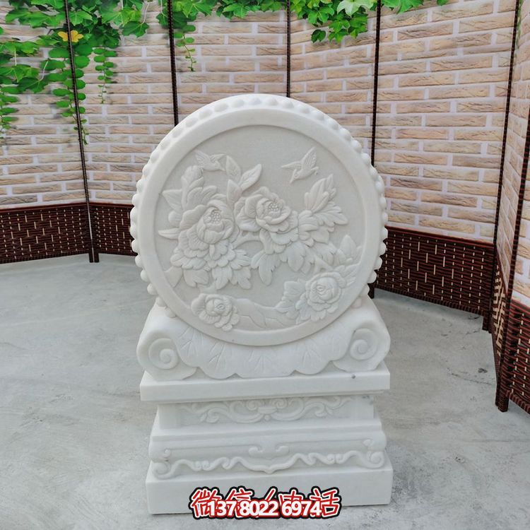 中式風格天然漢白玉石雕抱鼓浮雕門墩，花開富貴