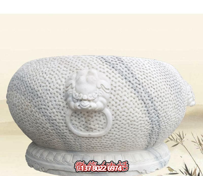 精美狴犴圓形雕塑，點綴庭院水缸浮雕