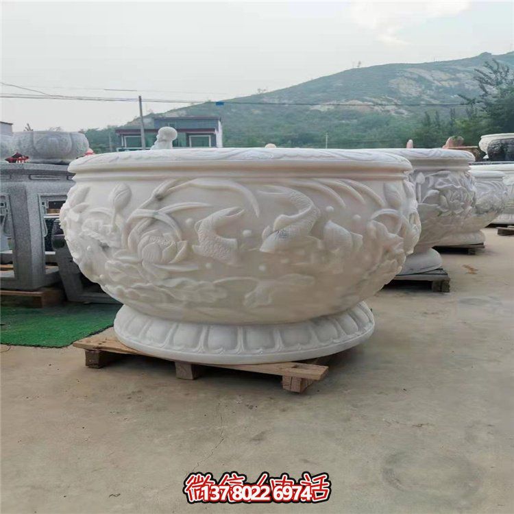 古典經(jīng)典，漢白玉鯉魚雕刻圓形水缸