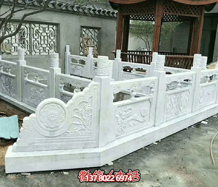 唯美古典庭院，池塘裝飾雕塑，漢白玉欄桿